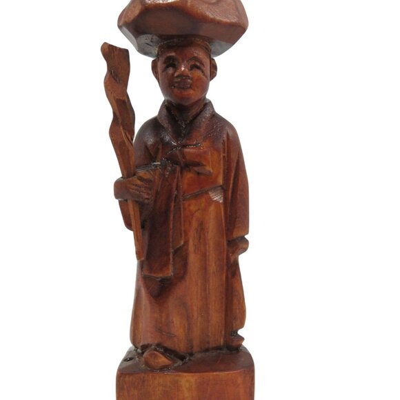 Vintage Hand-Carved Wooden ASIAN Couple FIGURINES With Traditional Attire 6 Inch - Picture 9 of 10